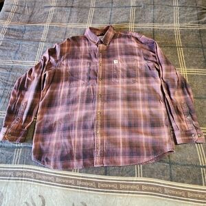 Carhartt Men’s Plum and Brown Plaid Button-Down Work Shirt